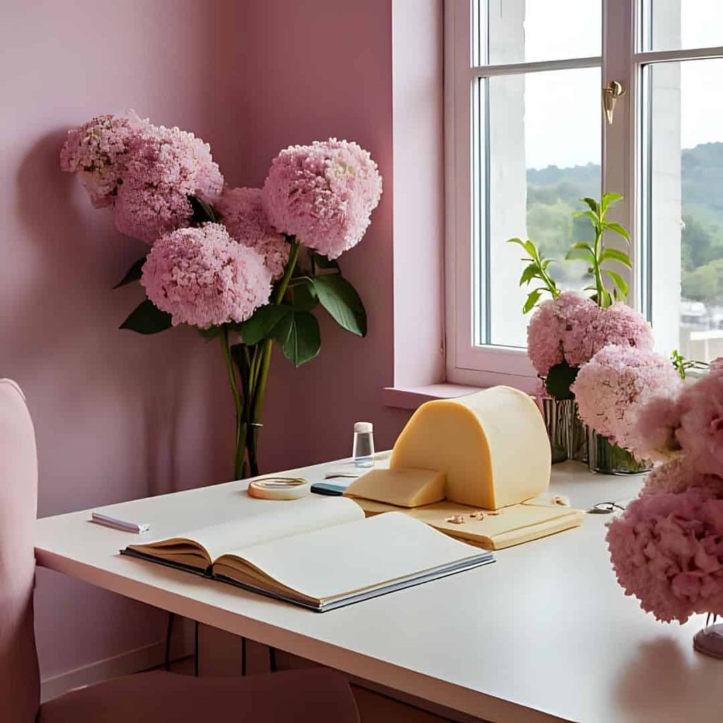 bureau ambiance mauve et fleurie avec un fromage bureau ambiance mauve et fleurie avec un fromage