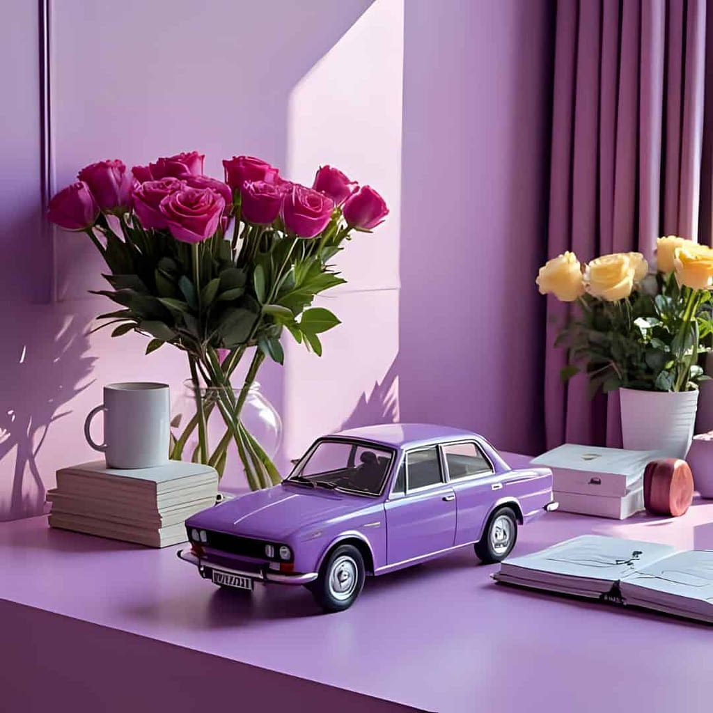 un bureau ambiance mauve, roses, fleur, avec un voiture mauve sur le bureau un bureau ambiance mauve, roses, fleur, avec un voiture mauve sur le bureau